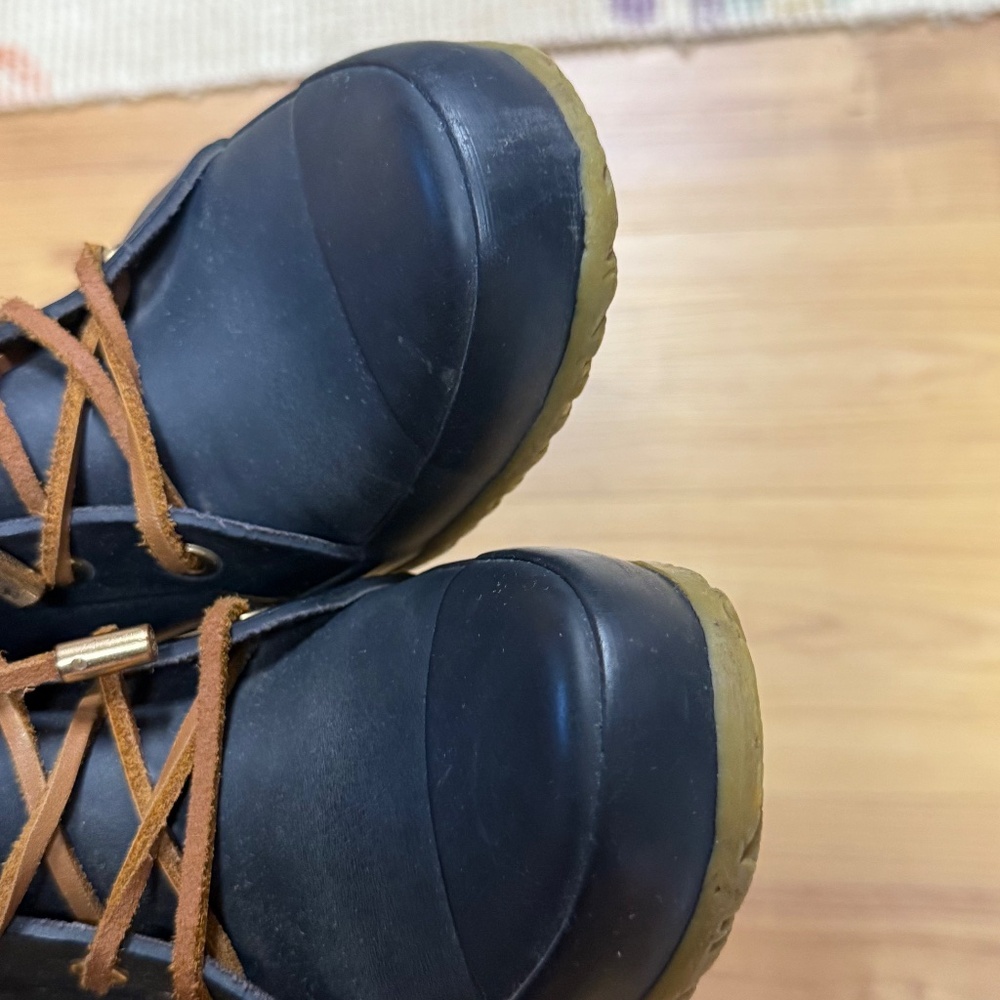 Tory Burch Women's Sz 6 Navy Blue Leather Trimmed Lace Up Short Rainboots - Picture 7 of 13